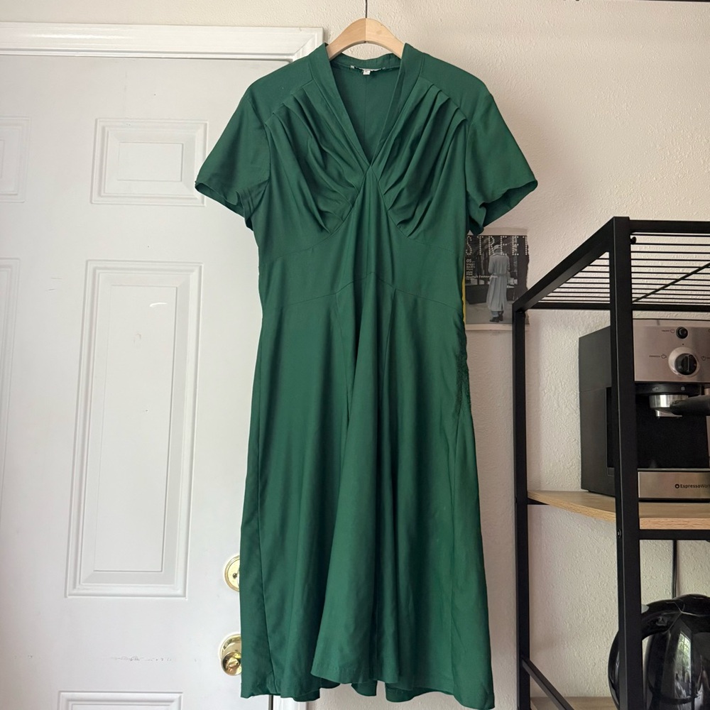 MISS LULO green cotton blend stretchy mod pinup retro‎ short sleeve midi dress